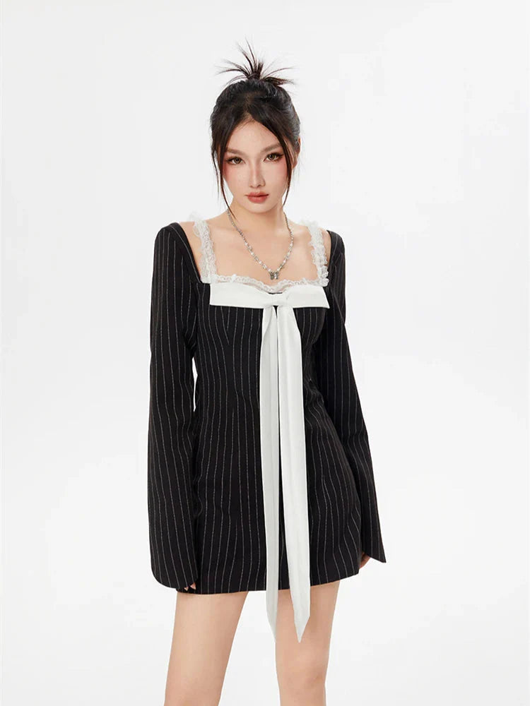 Style Core Aesthetics, New Style Trends - Striped Lace Strap Bow Mini Dress