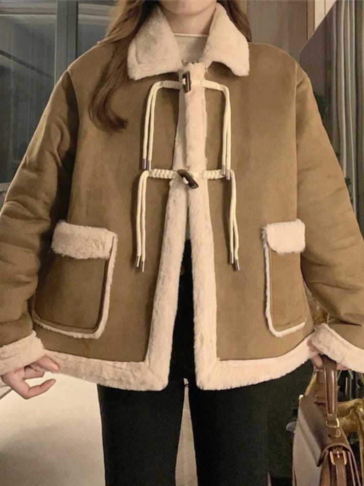 Style Core Aesthetics, New Style Trends - Suede Splice Horn Buckle Lapel Neck Jacket