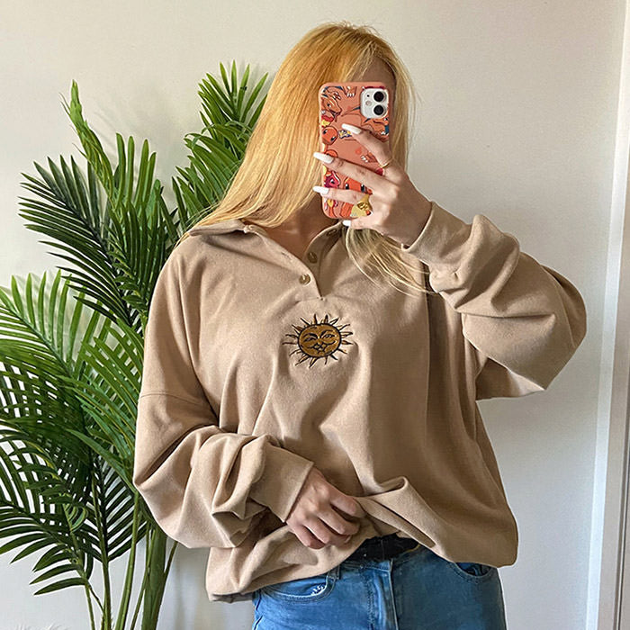Style Core Aesthetics, New Style Trends - Sun Embroidery Button Up Sweatshirt