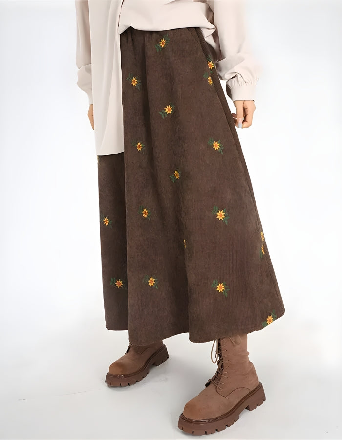 Style Core Aesthetics, New Style Trends - Sunflower Embroidered Corduroy Maxi Skirt