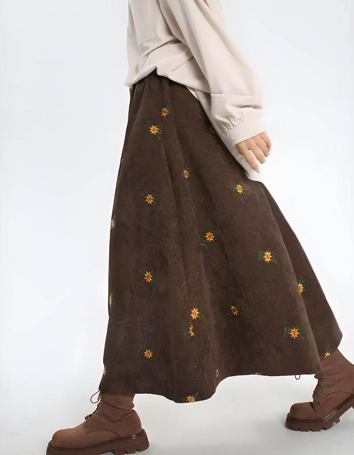 Style Core Aesthetics, New Style Trends - Sunflower Embroidered Corduroy Maxi Skirt