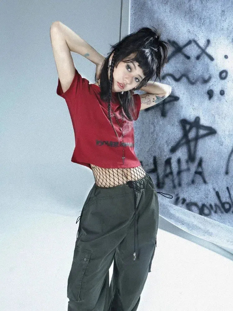 Style Core Aesthetics, New Style Trends - T-shirt Court Boutonné Y2K Grunge Étoile