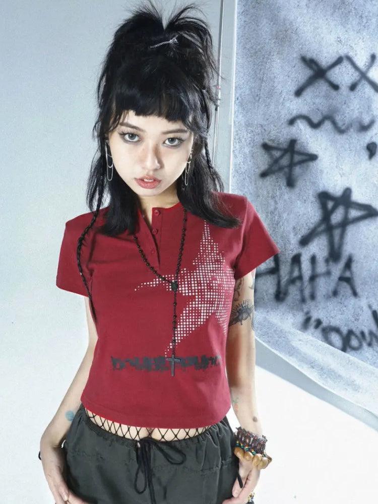 Style Core Aesthetics, New Style Trends - T-shirt Court Boutonné Y2K Grunge Étoile