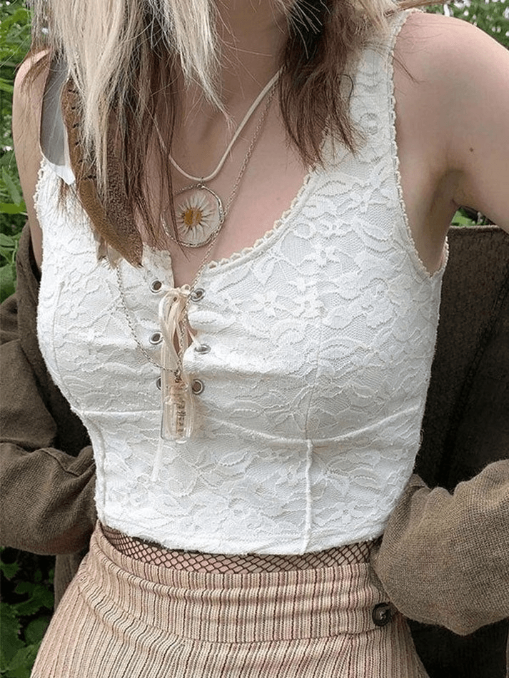 Style Core Aesthetics, New Style Trends - Tie Front Lace Crop Tank Top