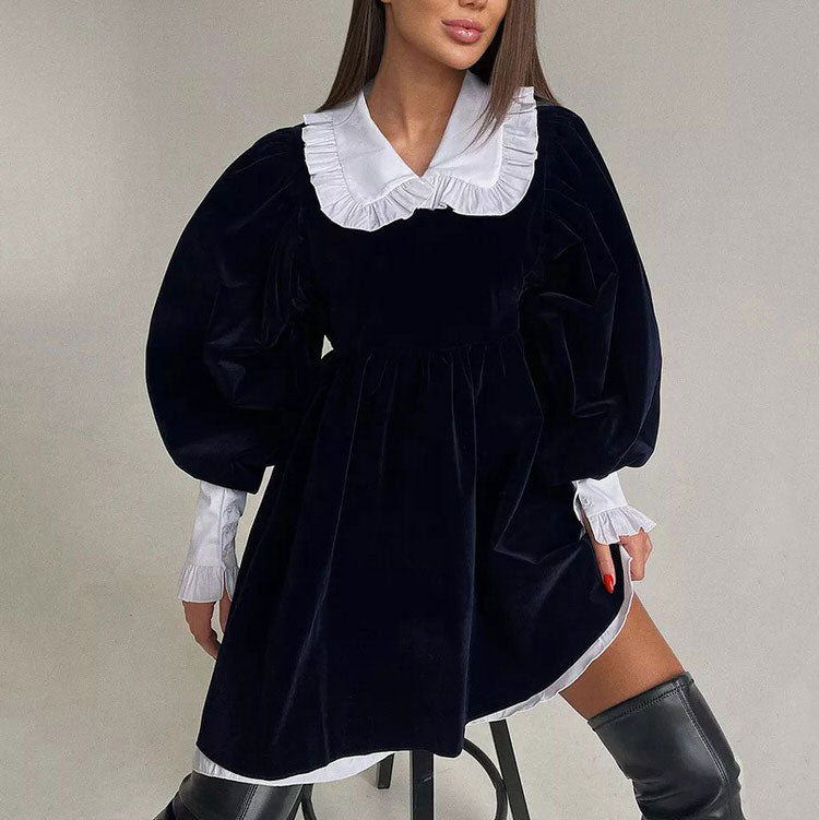 Style Core Aesthetics, New Style Trends - Velvet Collar Mini Black Dress