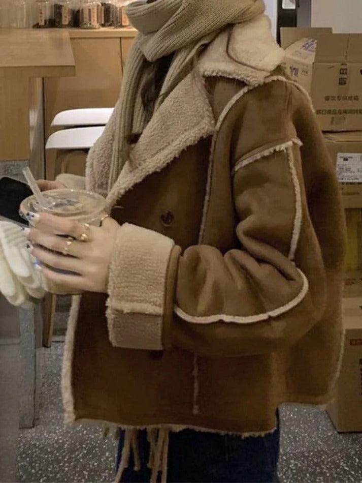 Style Core Aesthetics, New Style Trends - Vintage Brown Lambswool Splice Short Jacket