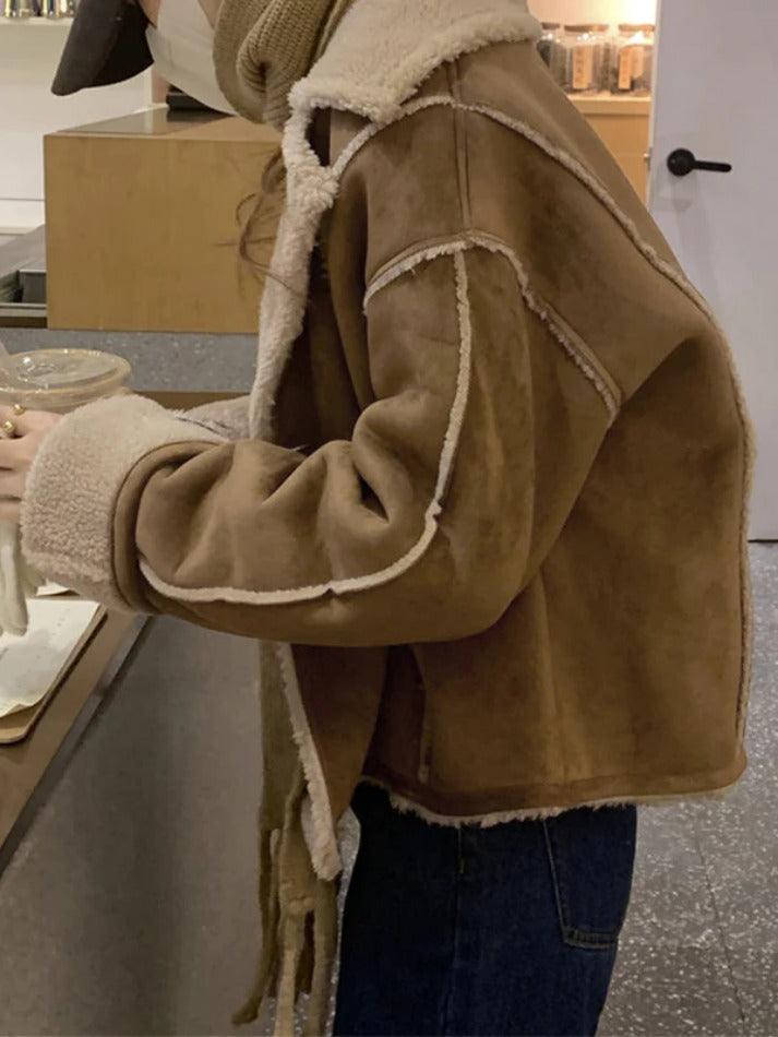 Style Core Aesthetics, New Style Trends - Vintage Brown Lambswool Splice Short Jacket