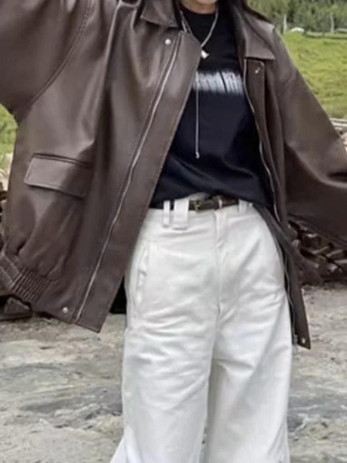 Style Core Aesthetics, New Style Trends - Vintage Brown Lapel Neck Zip Up Leather Jacket