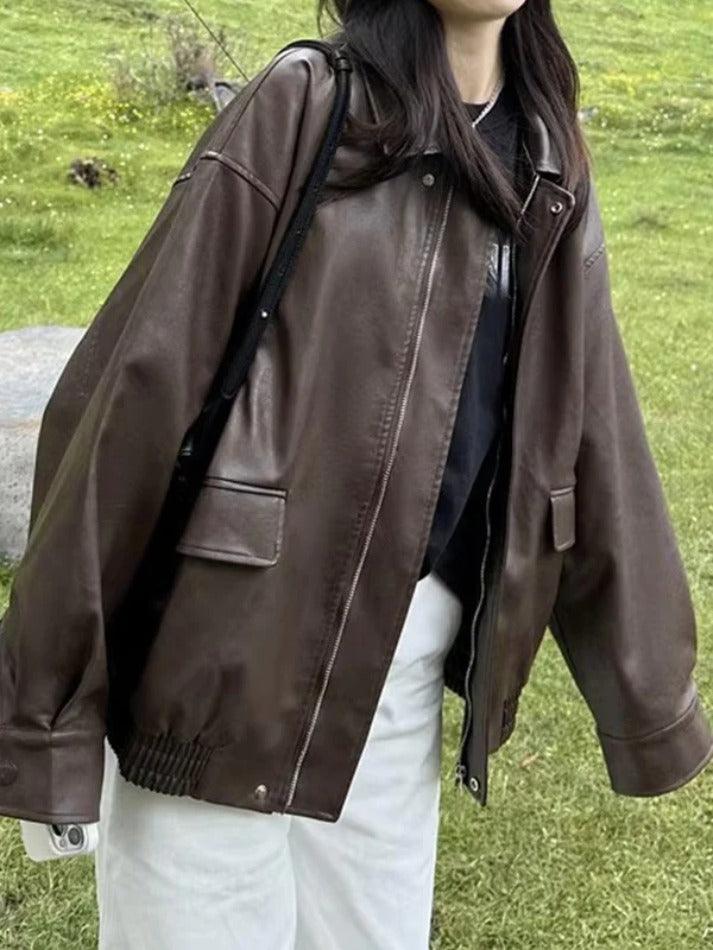Style Core Aesthetics, New Style Trends - Vintage Brown Lapel Neck Zip Up Leather Jacket