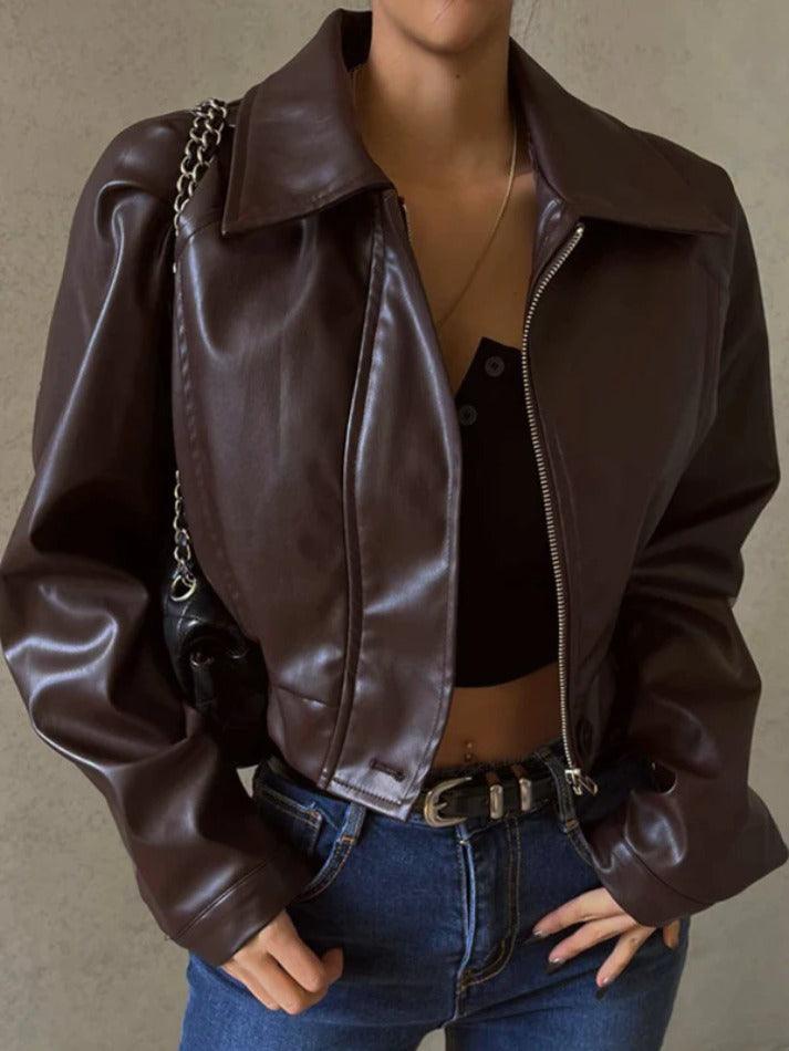 Style Core Aesthetics, New Style Trends - Vintage Brown Lapel Neck Zip Up Short Jacket