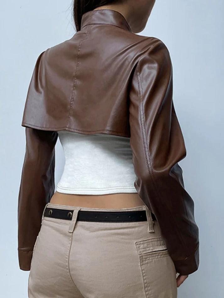 Style Core Aesthetics, New Style Trends - Vintage Brown Ultra Short Metal Buckle Leather Jacket