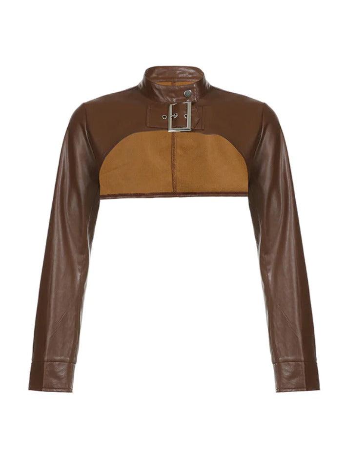 Style Core Aesthetics, New Style Trends - Vintage Brown Ultra Short Metal Buckle Leather Jacket