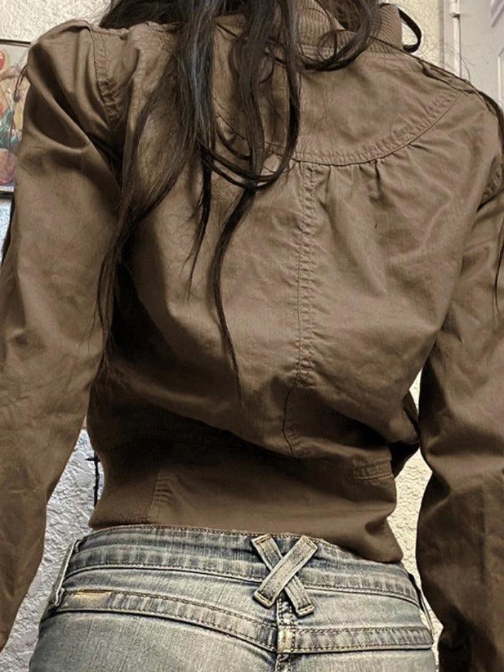 Style Core Aesthetics, New Style Trends - Vintage Brown Zip Up Slim Short Jacket