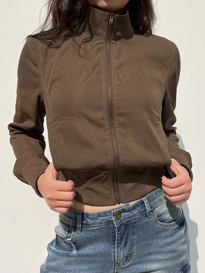 Style Core Aesthetics, New Style Trends - Vintage Brown Zip Up Slim Short Jacket