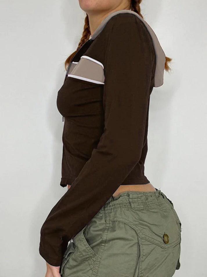 Style Core Aesthetics, New Style Trends - Vintage Contrast Color Splice Hooded Jacket