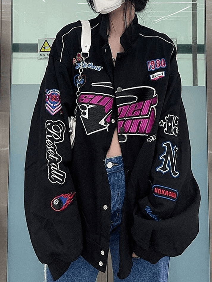 Style Core Aesthetics, New Style Trends - Vintage Embroidered Button-Down Motorcycle Varsity Jacket
