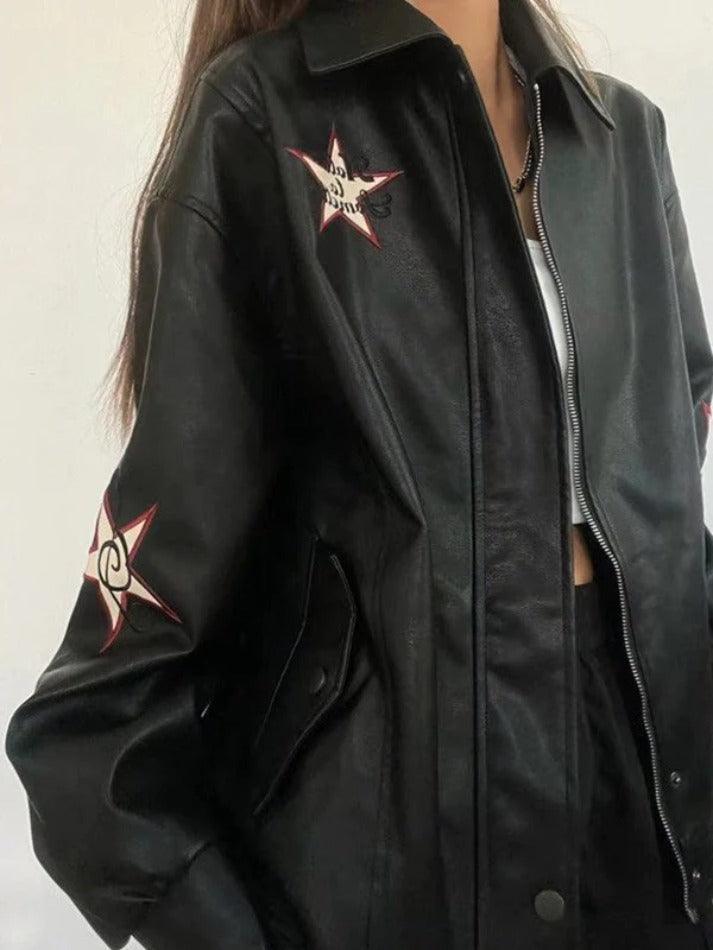 Style Core Aesthetics, New Style Trends - Vintage Embroidery Lapel Neck Leather Jacket