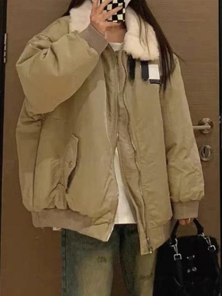 Style Core Aesthetics, New Style Trends - Vintage Fuzzy Collar Zip Up Jacket