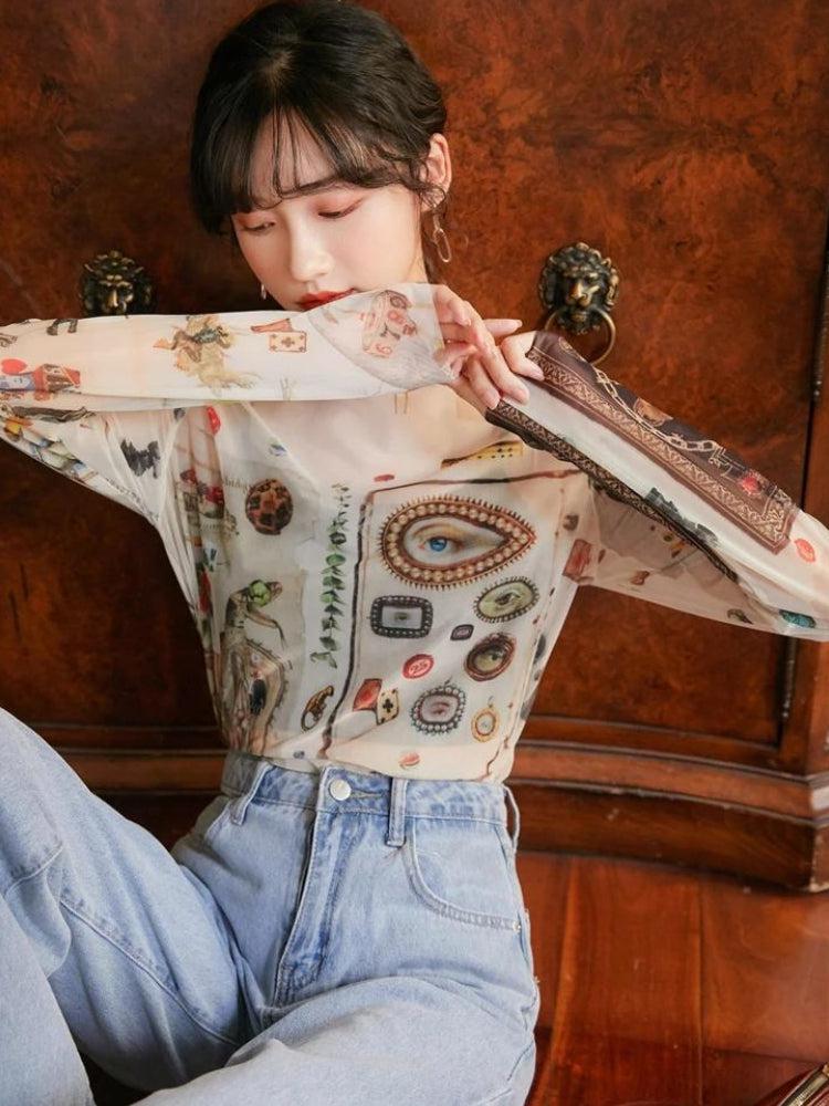 Style Core Aesthetics, New Style Trends - Vintage Symbols Sheer Top