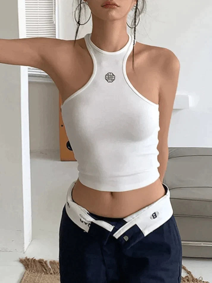 Style Core Aesthetics, New Style Trends - White Logo Ribbed Cropped Tank Top
