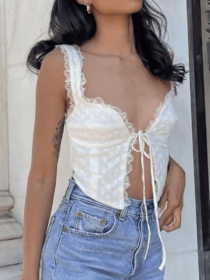 Style Core Aesthetics, New Style Trends - White Tie Front Lace Cropped Tank Top