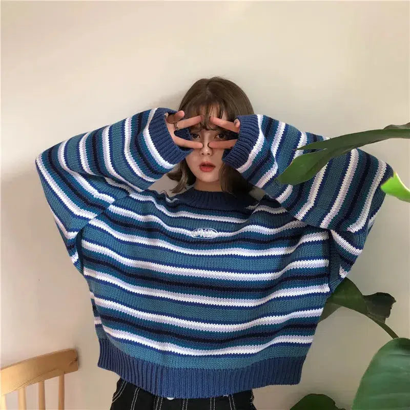 Style Core Aesthetics, New Style Trends - Wide Sleeved Striped Knitted Sweater