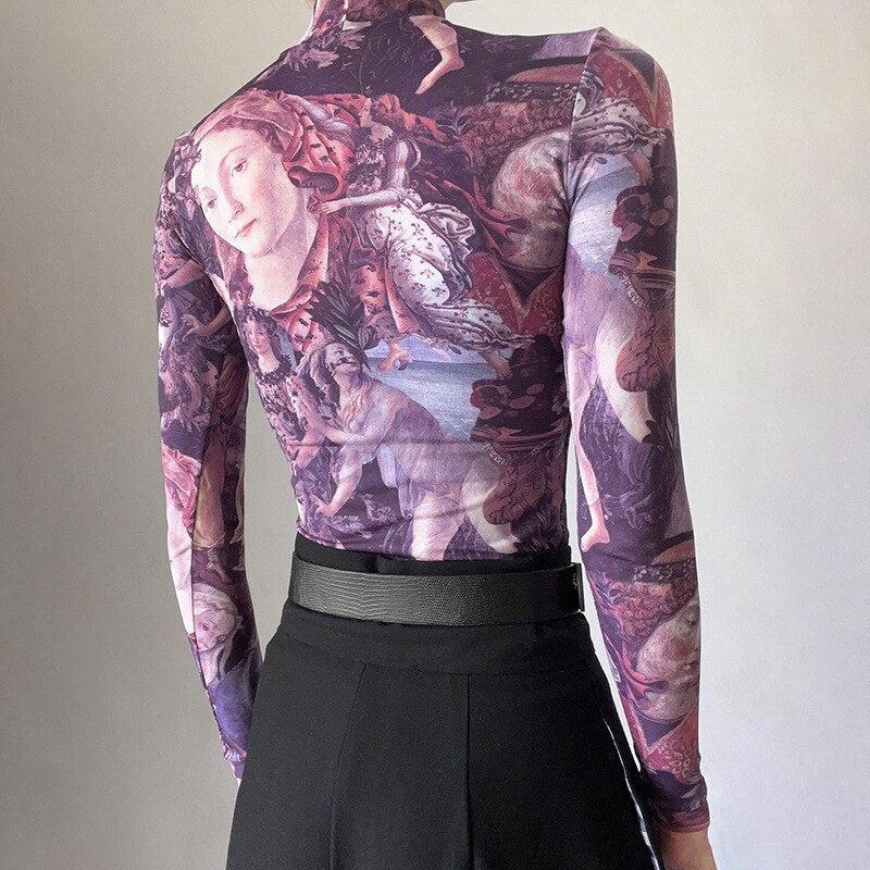Style Core Aesthetics, New Style Trends - Y2K Angel Graphic Mesh Top