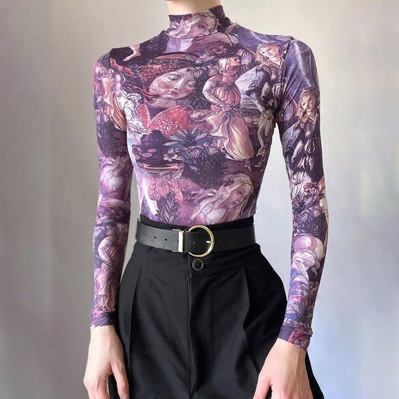Style Core Aesthetics, New Style Trends - Y2K Angel Graphic Mesh Top