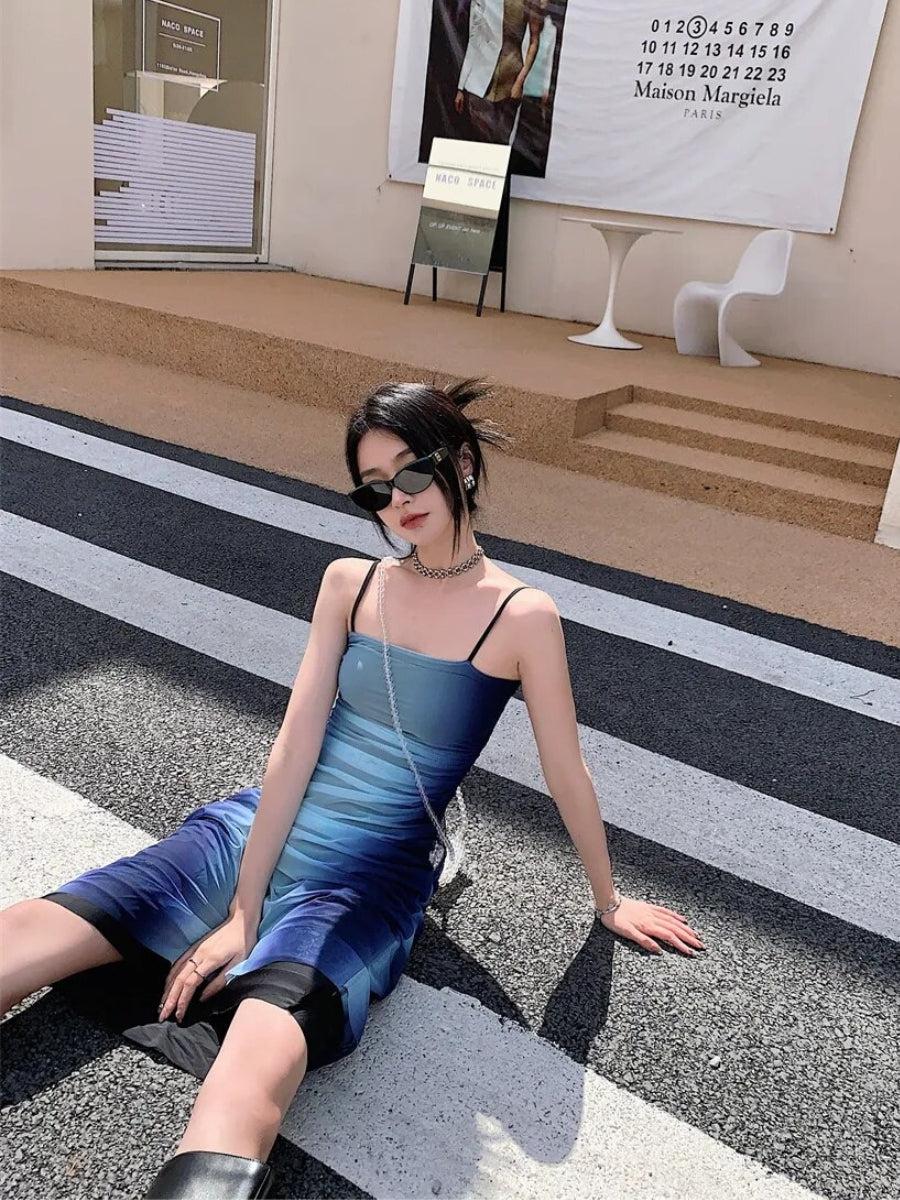Style Core Aesthetics, New Style Trends - Y2K Blue Gradient Strappy Midi Dress