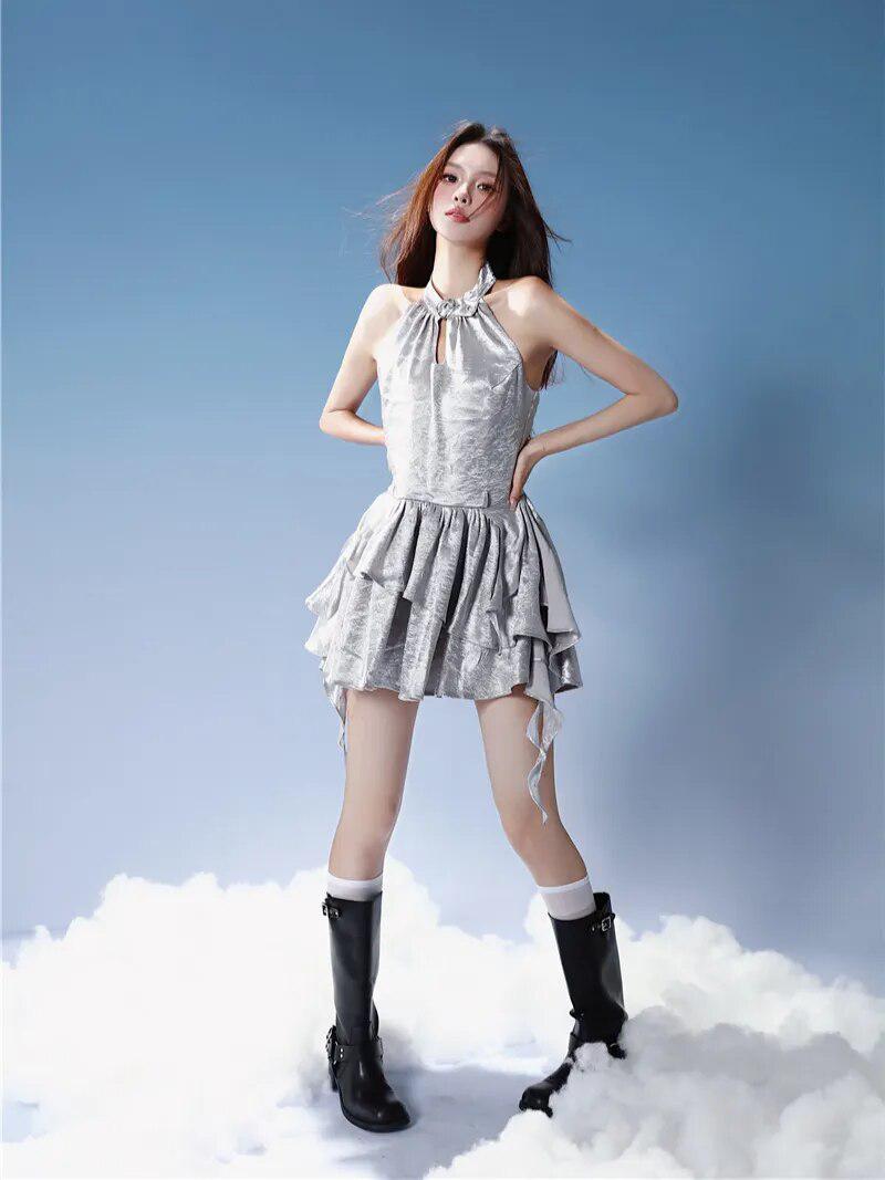Style Core Aesthetics, New Style Trends - Y2K Cyber Halter Neck Mini Dress