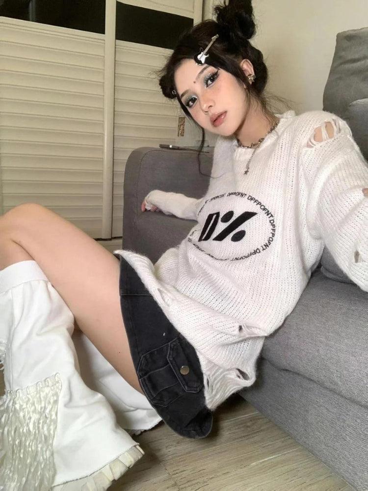 Style Core Aesthetics, New Style Trends - Y2K Grunge Distressed Knitted Sweater