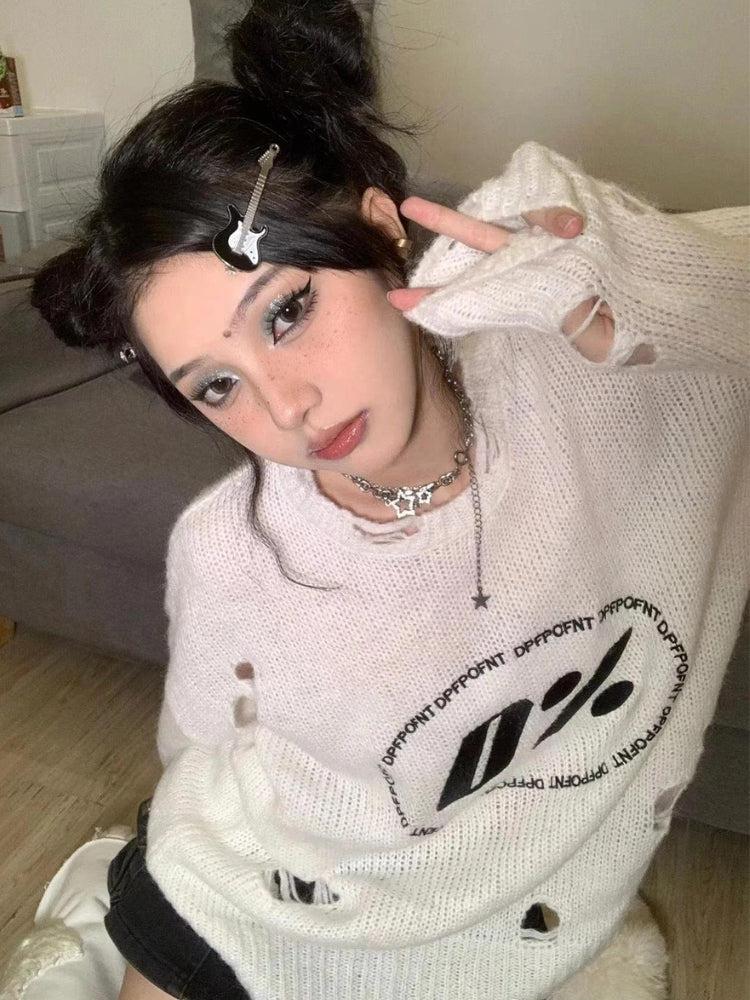 Style Core Aesthetics, New Style Trends - Y2K Grunge Distressed Knitted Sweater