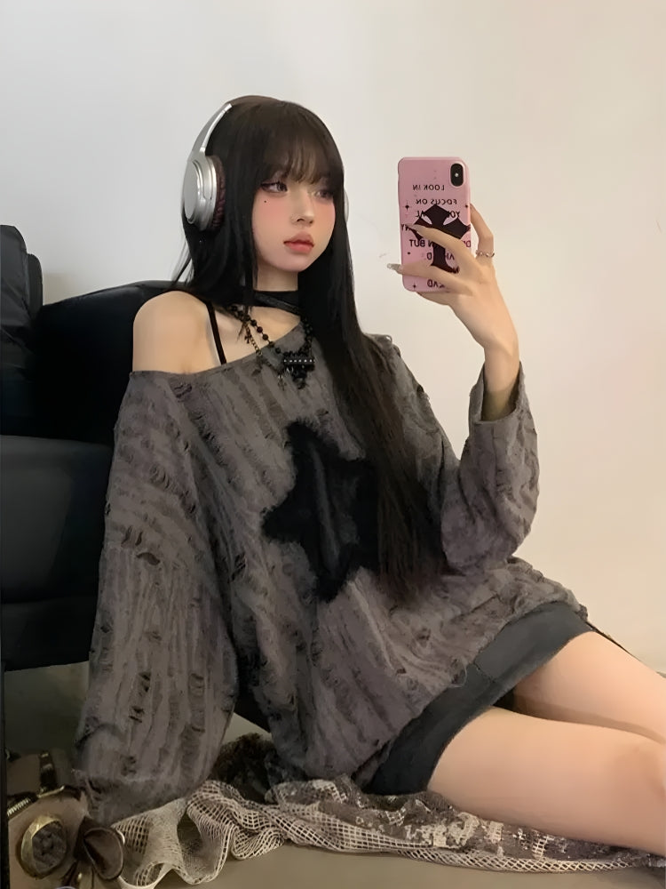 Style Core Aesthetics, New Style Trends - Y2K Grunge Star Distressed Sweater