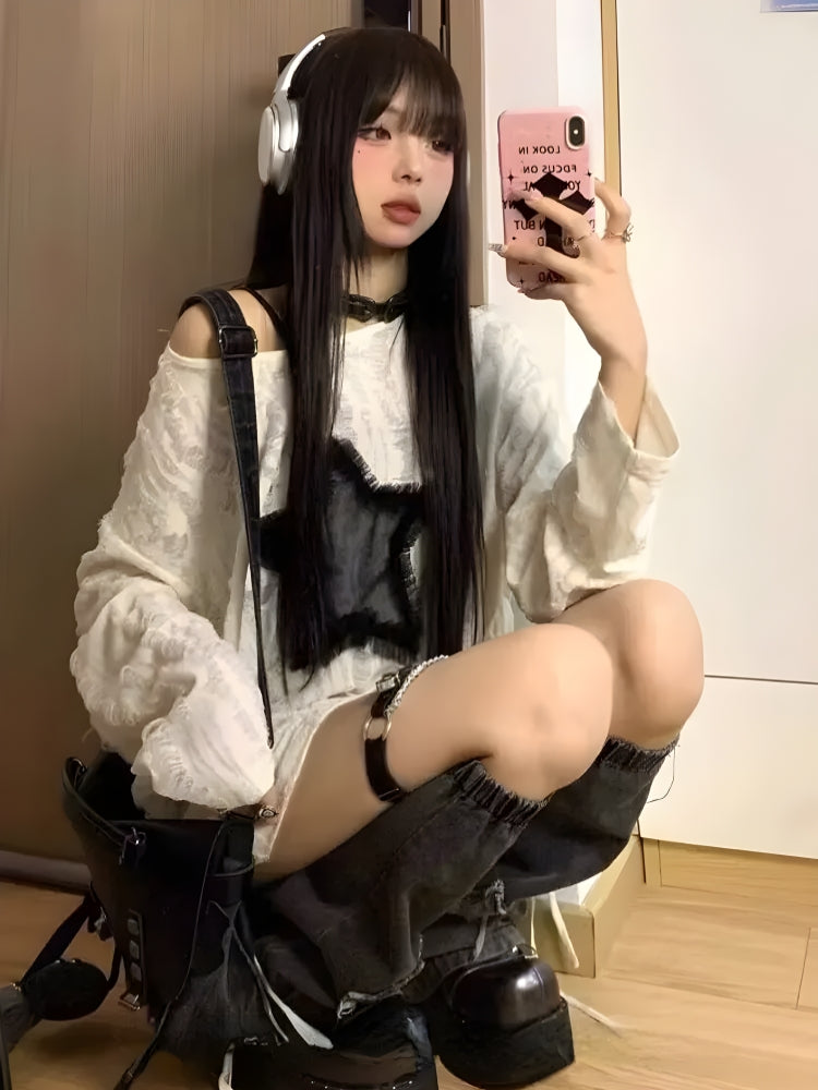 Style Core Aesthetics, New Style Trends - Y2K Grunge Star Distressed Sweater