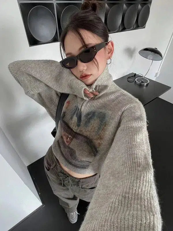 Style Core Aesthetics, New Style Trends - Y2K Half Zip-Up Knitted Sweater