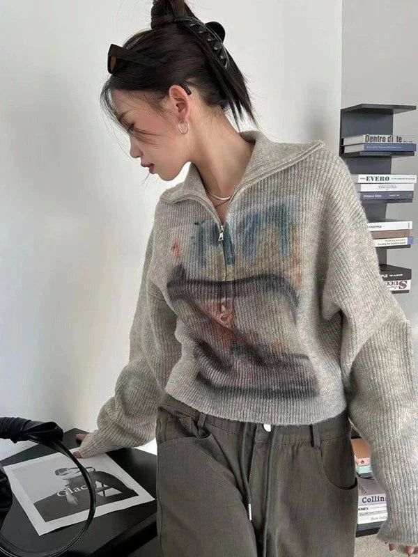 Style Core Aesthetics, New Style Trends - Y2K Half Zip-Up Knitted Sweater