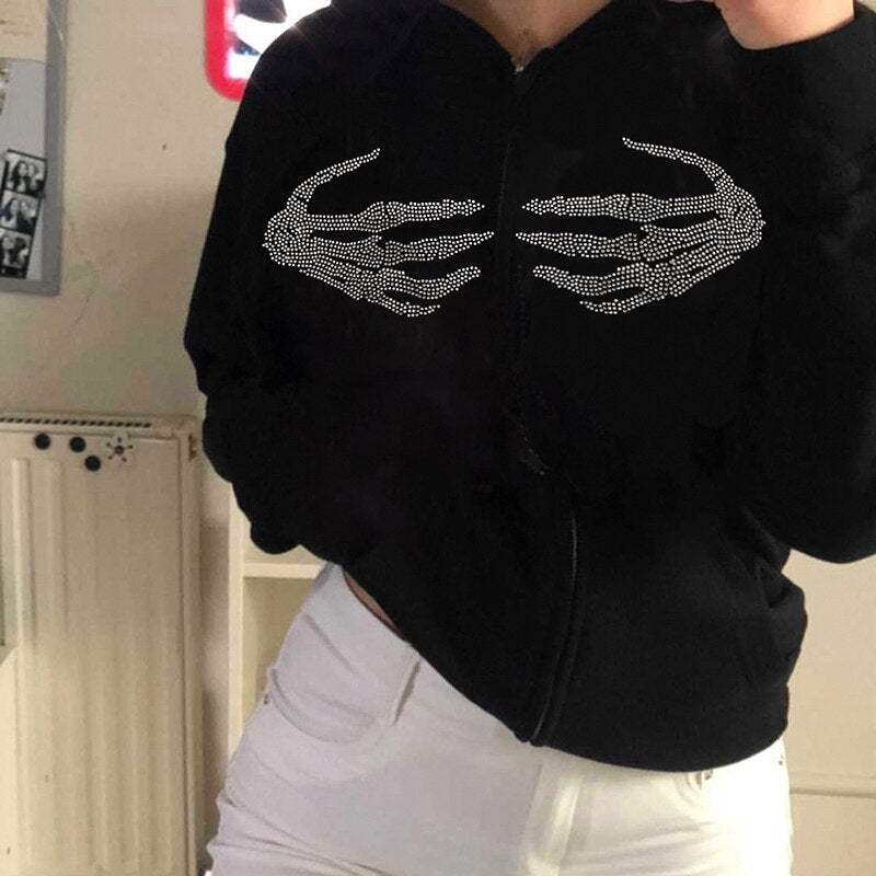 Style Core Aesthetics, New Style Trends - Y2K Skeleton Hands Hoodie