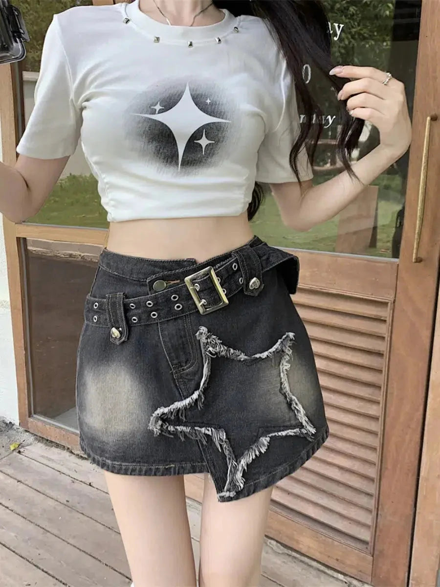 Style Core Aesthetics, New Style Trends - Y2K Star Asymmetric Denim Mini Skirt
