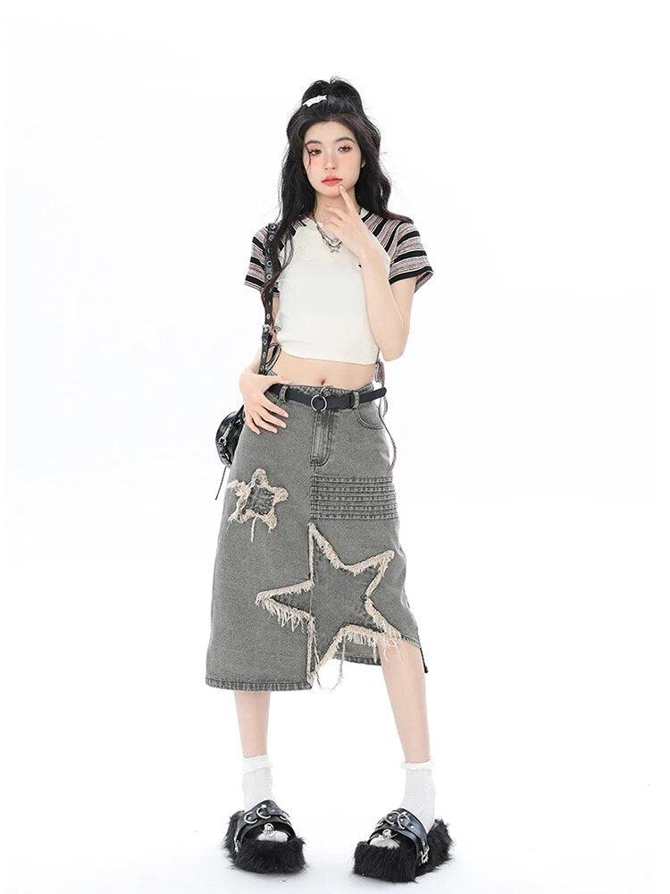 Style Core Aesthetics, New Style Trends - Y2K Star Patchwork Midi Skirt