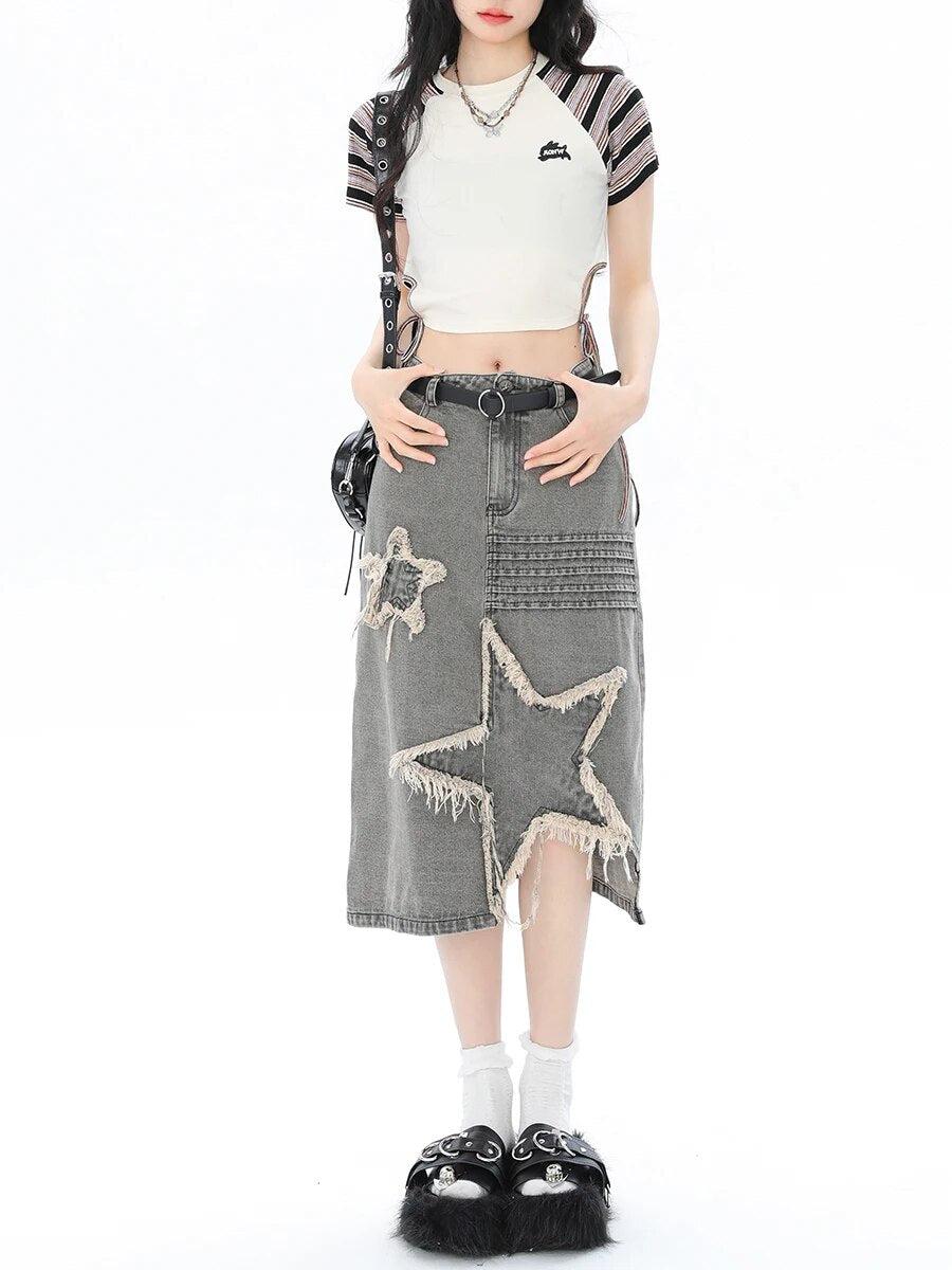 Style Core Aesthetics, New Style Trends - Y2K Star Patchwork Midi Skirt