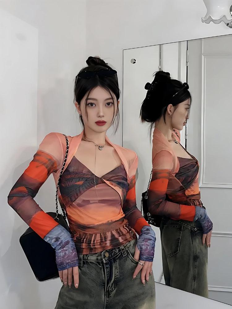 Style Core Aesthetics, New Style Trends - Y2K Sunset Mesh Top