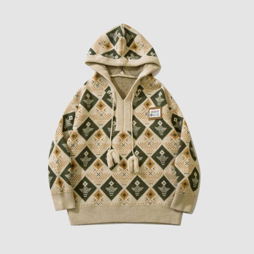 Style Core Aesthetics, New Style Trends Argyle Pattern Drawstring Hooded Sweater