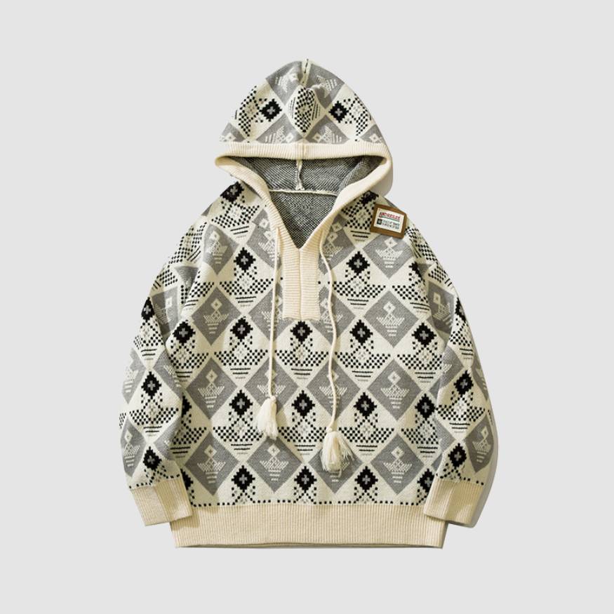 Style Core Aesthetics, New Style Trends Argyle Pattern Drawstring Hooded Sweater