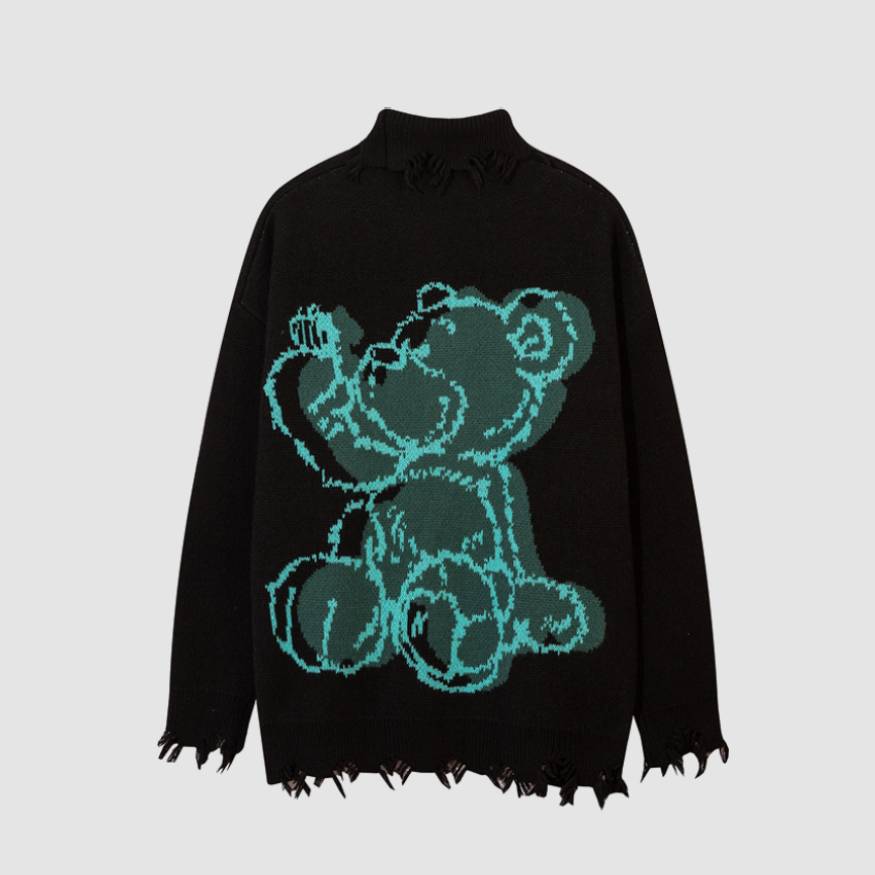 Style Core Aesthetics, New Style Trends Bear Pattern Raw Hem Turtleneck Sweater