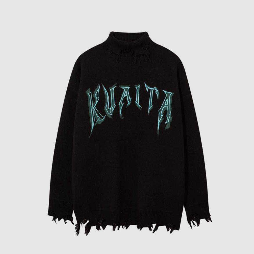 Style Core Aesthetics, New Style Trends Bear Pattern Raw Hem Turtleneck Sweater