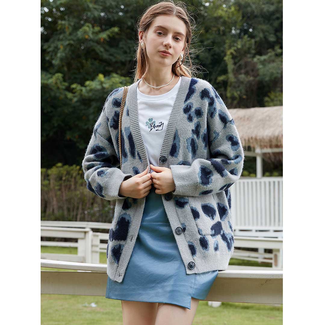Style Core Aesthetics, New Style Trends Blue Leopard Cardigan Sweater