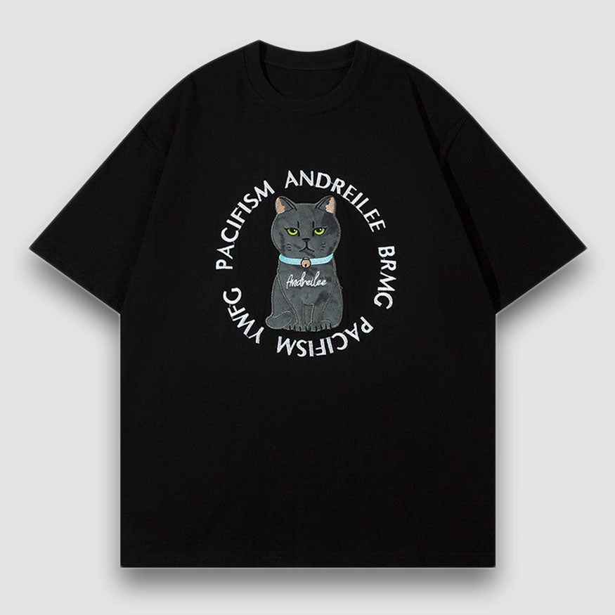 Style Core Aesthetics, New Style Trends Cartoon Cat Pattern Patch Tee