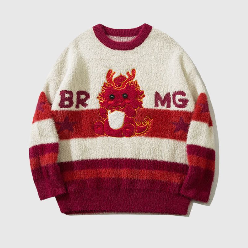 Style Core Aesthetics, New Style Trends Cartoon Dragon Striped Versatile Knit Sweater