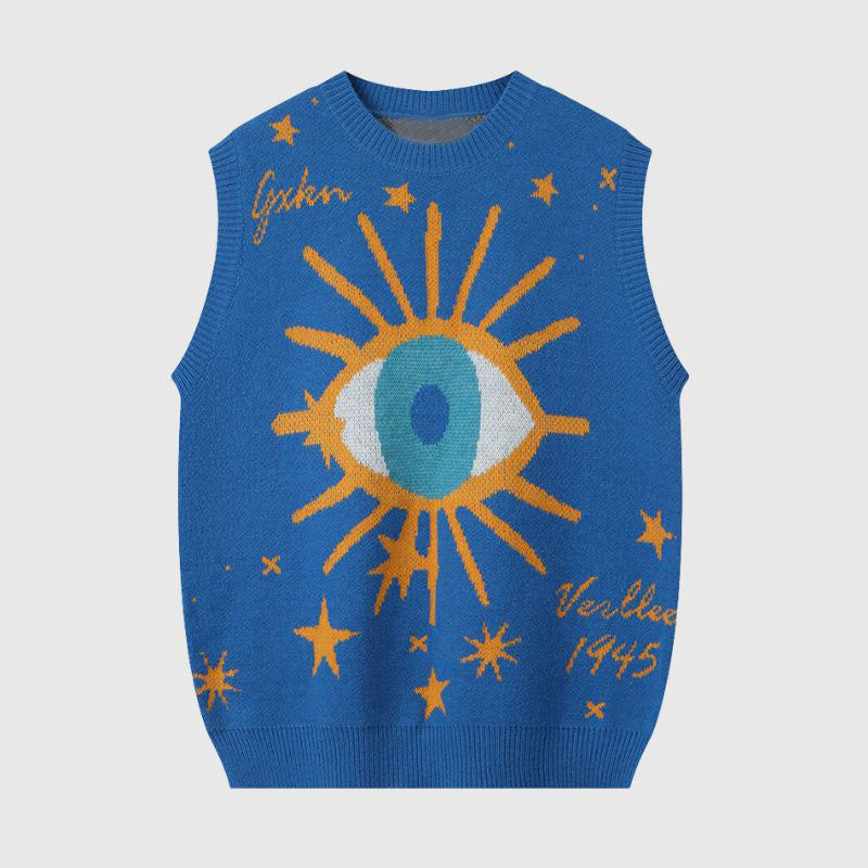 Style Core Aesthetics, New Style Trends Cartoon Eyes Pattern Jacquard Vest Sweater