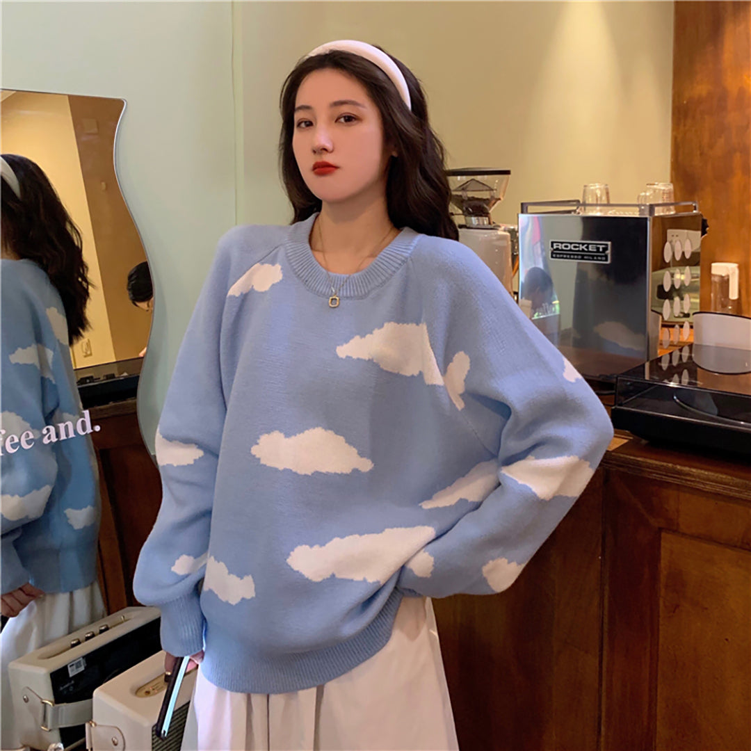 Style Core Aesthetics, New Style Trends Clouds Print Knitted Sweater